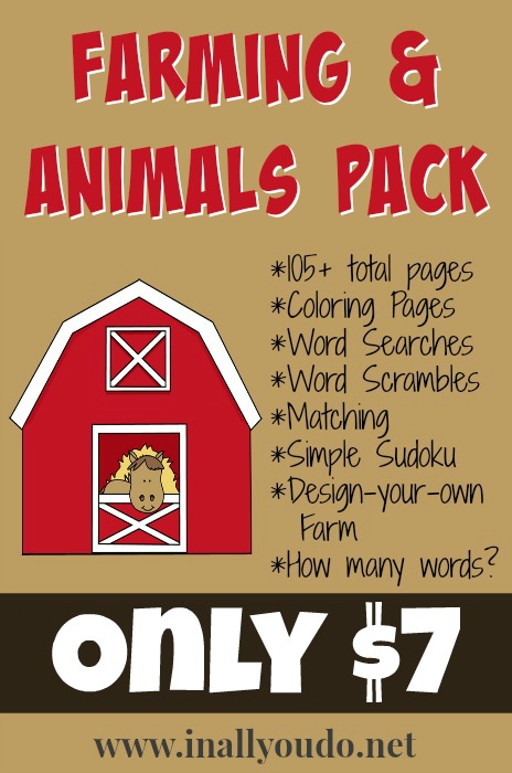 Do you live on a farm? Do your kids love farming? Check out this HUGE Farm & Animals Pack full of activities for PreK-5th grade!! {105 pages} :: www.inallyoudo.net