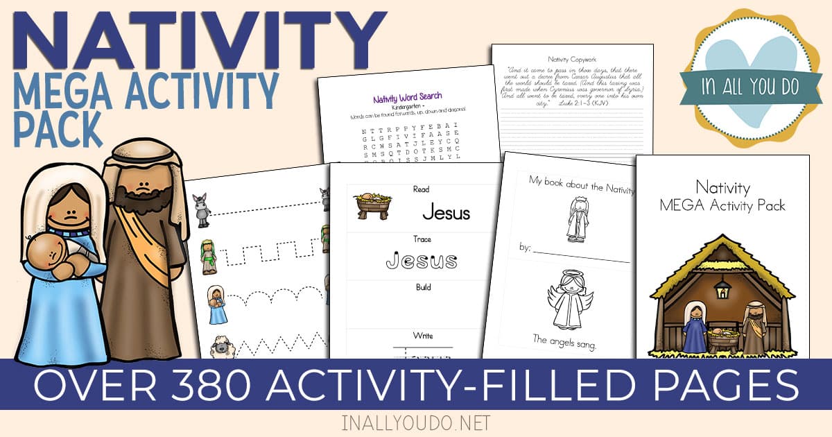 5 sample screenshot pages from the Nativity MEGA Activity pack
