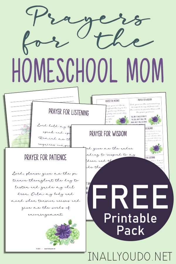 Prayers for the Homeschool Mom text with image examples of worksheets with a mint green colored background