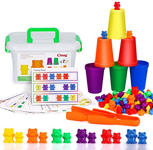 BMAG Counting Bears with Matching Sorting Cups,Number Color Recognition STEM Educational Toy for Toddler, Pre-School Learning Toy with 90 Bears,2 Tweezers,11 Activity Cards,1 Storage Box