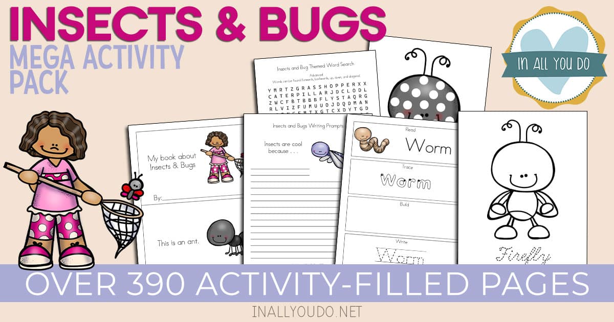 5 sample screenshot pages from the Insects & Bugs MEGA Activity Pack with more than 390 pages