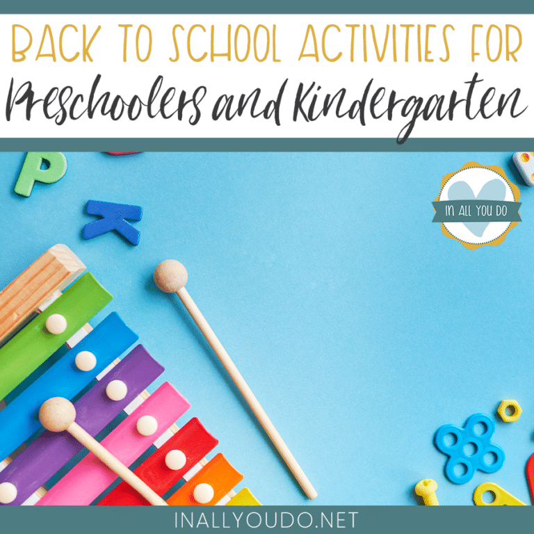toy xylophone and plastic letters on blue backgroun with overlay "Back to School Activities for Preschoolers and Kindergarten