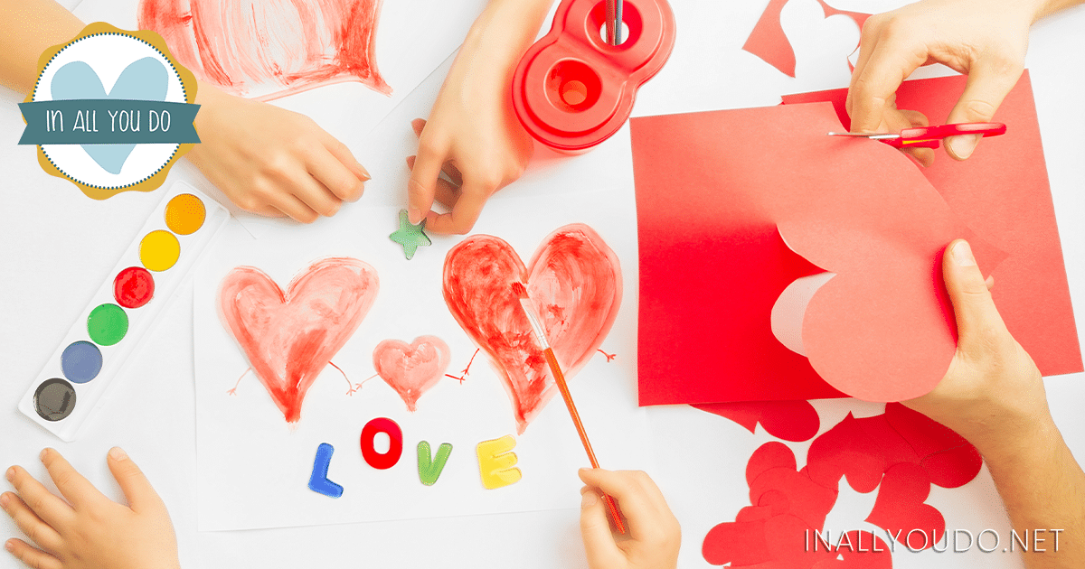 various kids hands making Valentine's Day cards - painting, cutting, and more